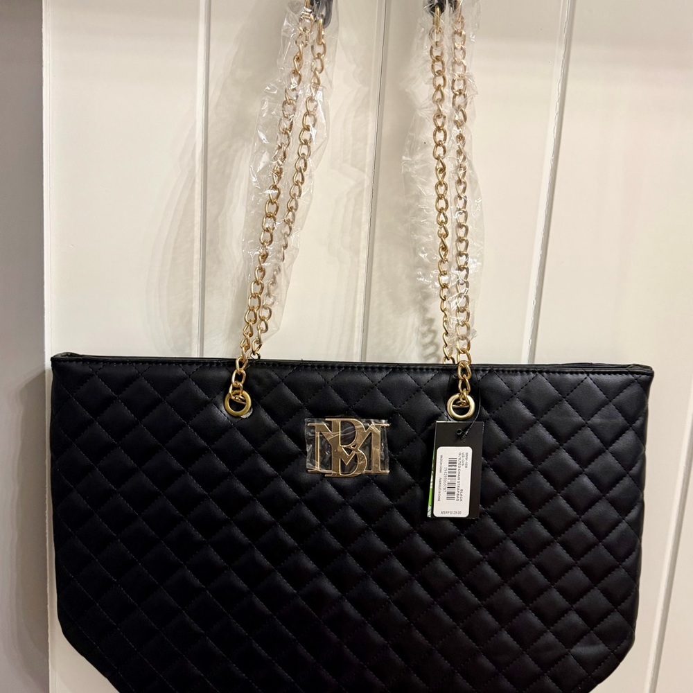 Badgley Mischka Black Quilted Shoulder Tote with Gold Chain